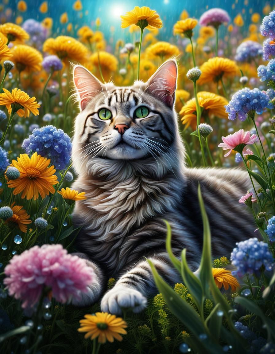 Cat Sunning in Wildflowers: Surreal Portrait