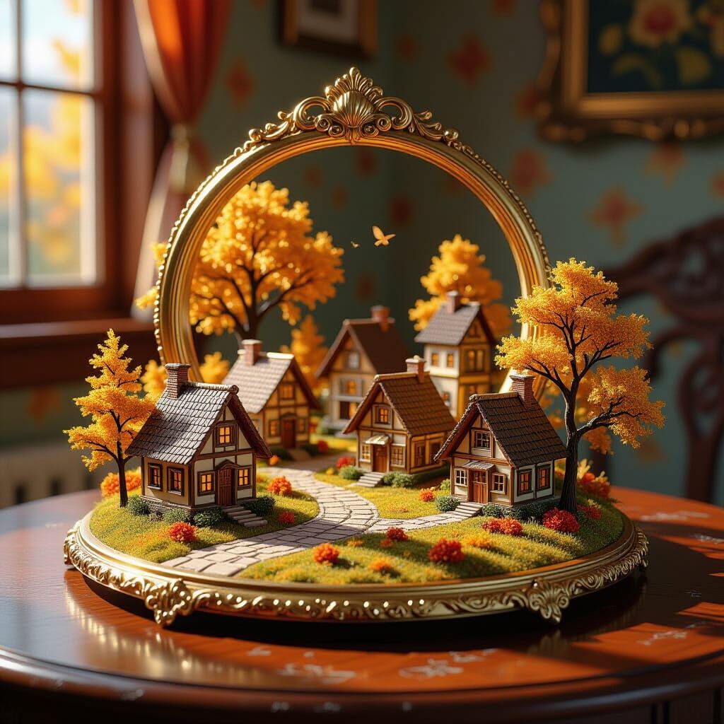 Autumn Fantasy Village in Art Nouveau Style