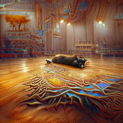 Cat on Wood Floor in Surrealist Digital Art Style