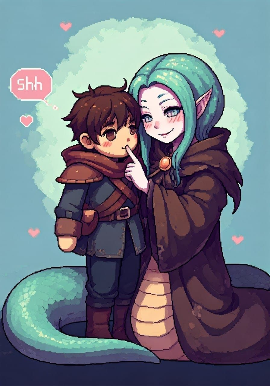 Cute Chibi Snake Girl Shushing in 8-bit Pixel Art