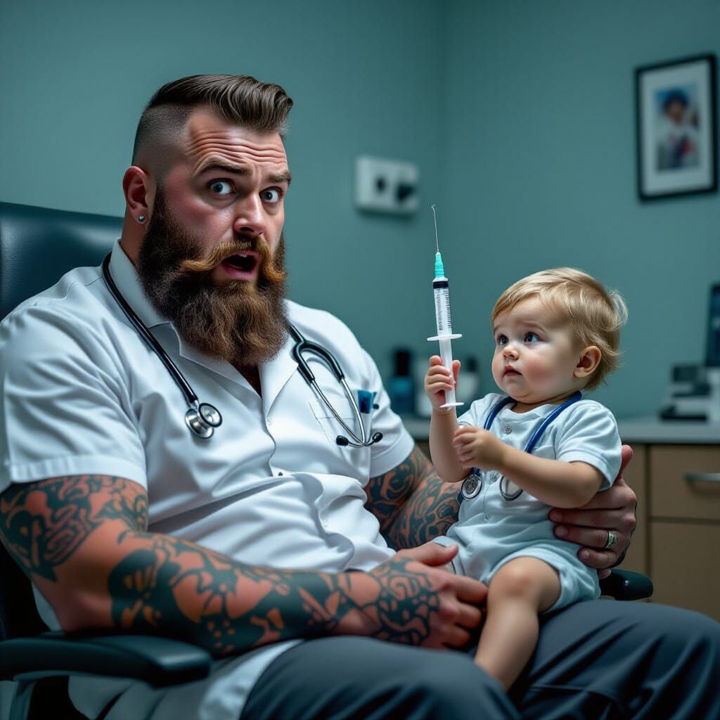 Terrified Man Faces Toddler Doctor with Needle