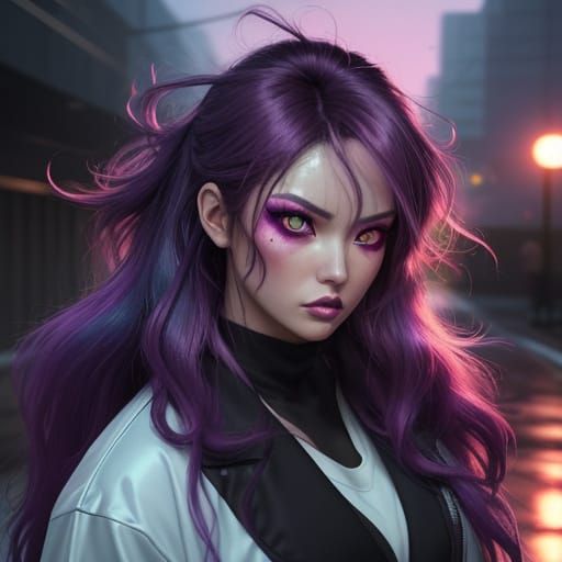 Rebellious Sukeban Girl in Neon Noir Anime Style