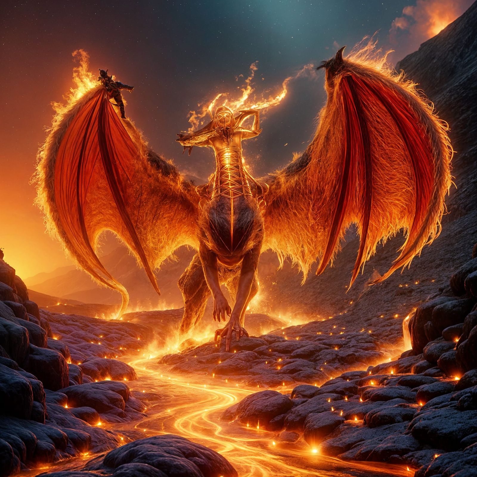 Molten Lava Dragon in Fiery Volcanic Sky
