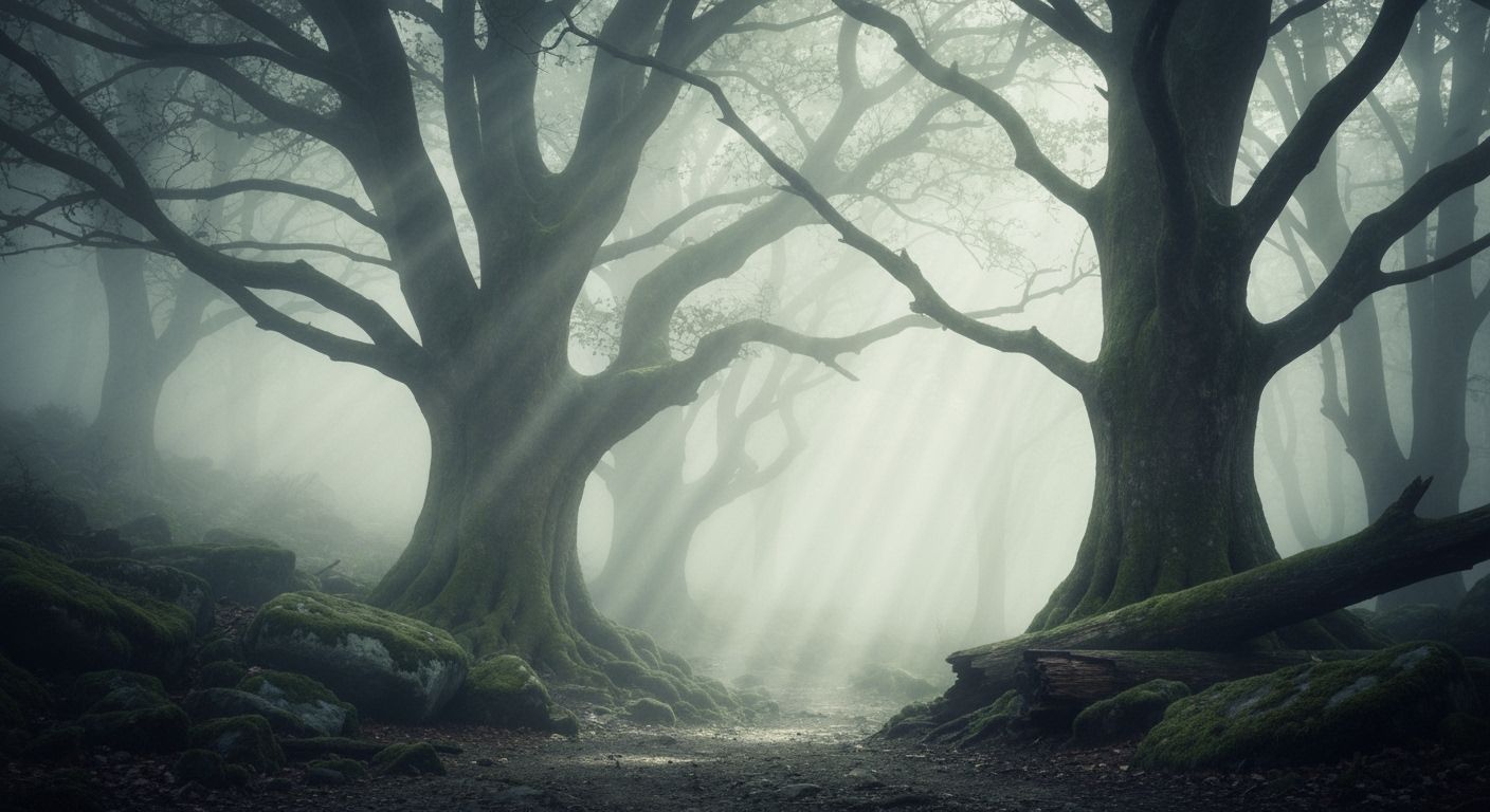 Mysterious Forest Path Shrouded in Ethereal Fog