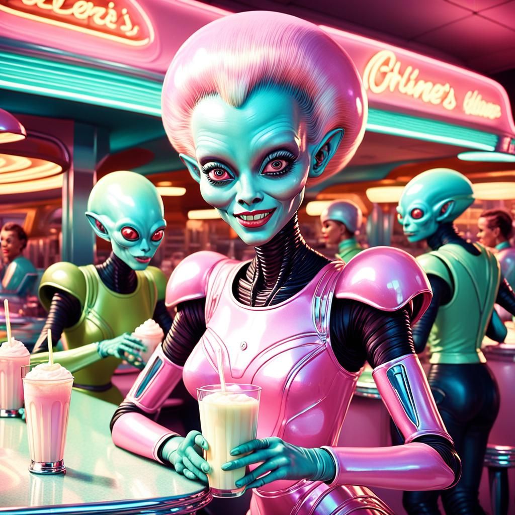 Retro-Futuristic Alien Diner in Space Illustration