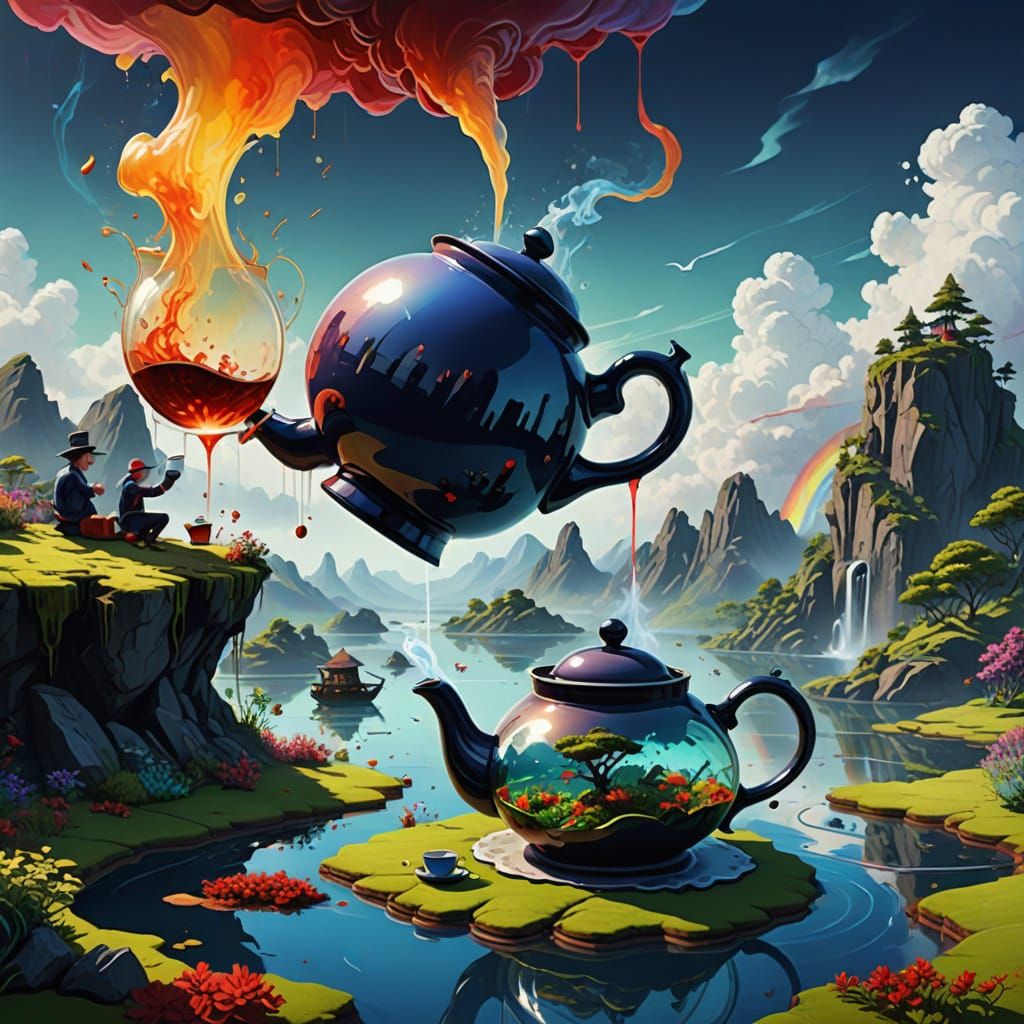 Floating Island Tea Party in Abstract Expressionism Style