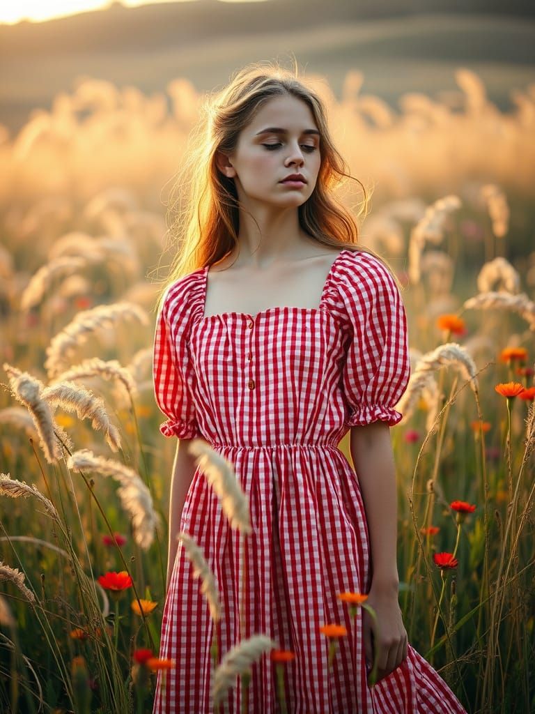 Romantic Woman in Red Gingham Dress amidst Long Grass