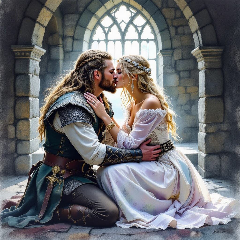 Passionate Kiss in Medieval Castle Watercolor Art