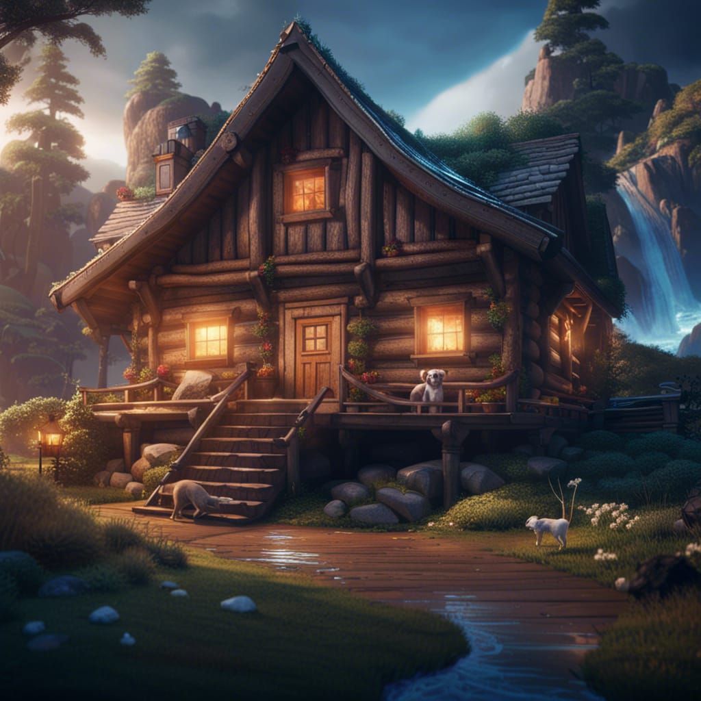 Fantasy Log Cabin with Dog and Waves in Unreal Engine
