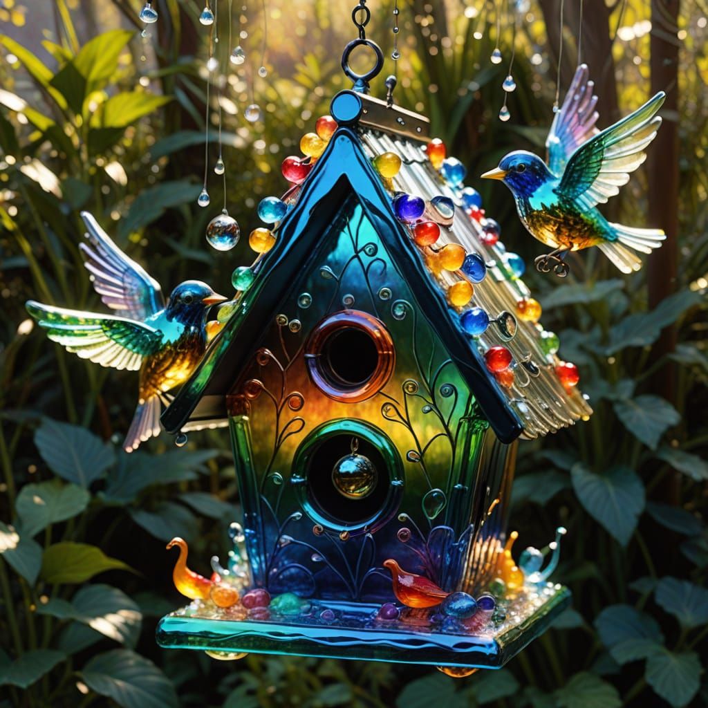 Stunning Glass Birdhouse with Rainbow Birds