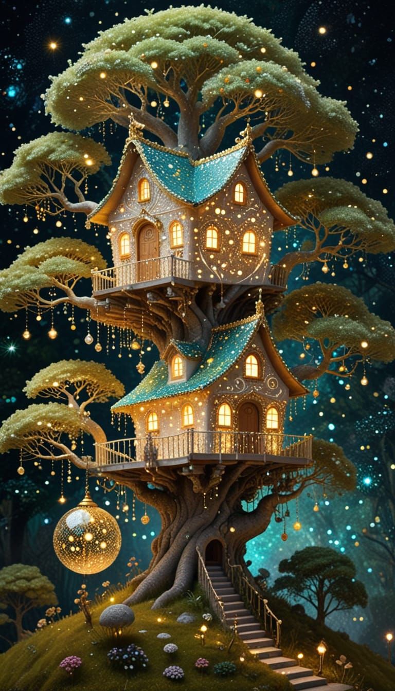 Whimsical Pointillist Treehouse in Sparkling Colors