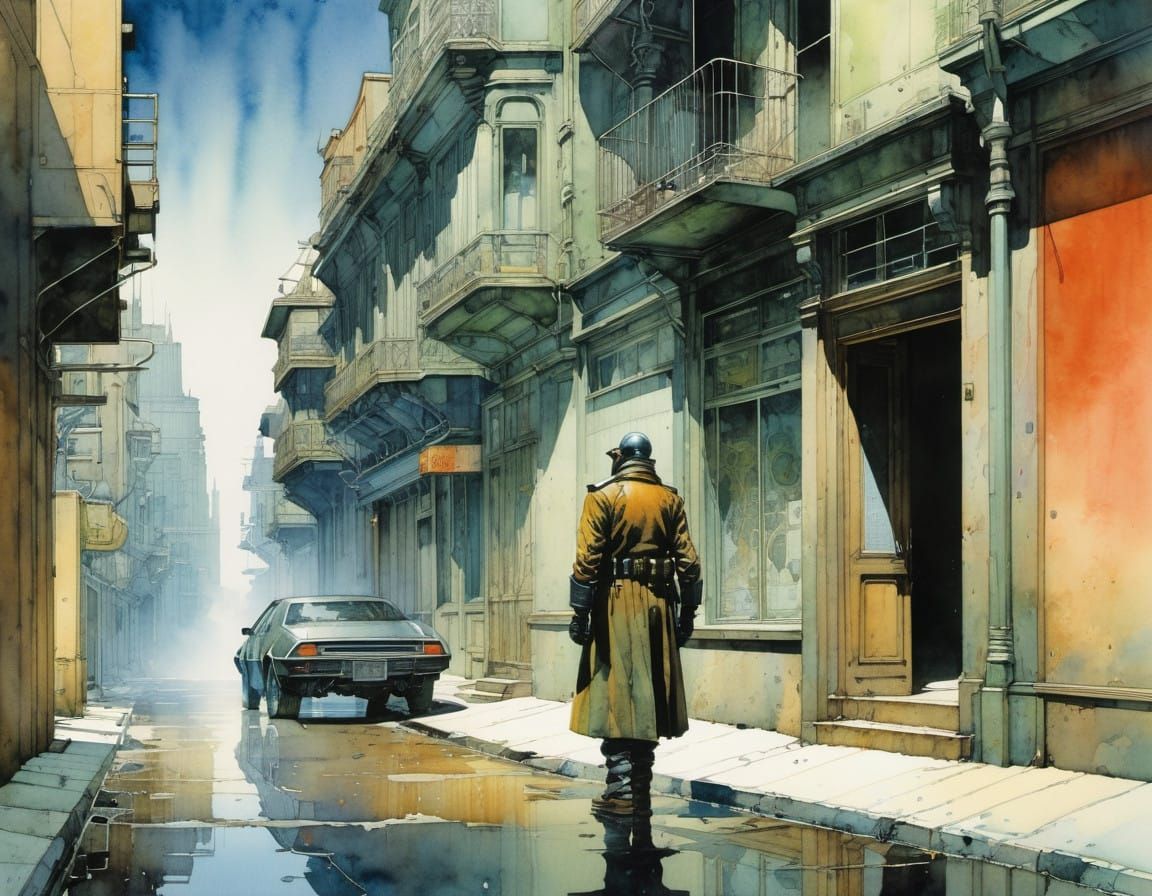 Cyberpunk Hero in Watercolor Urban Landscape