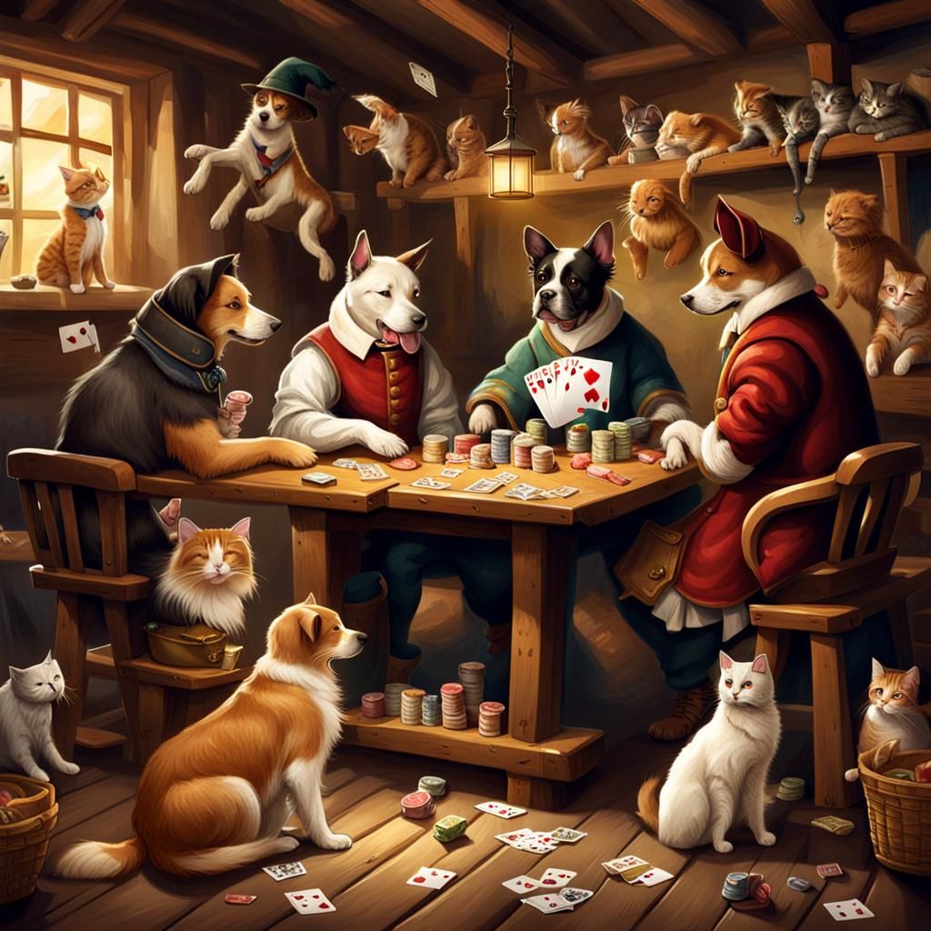 Dogs and Cats Playing Cards in Tavern