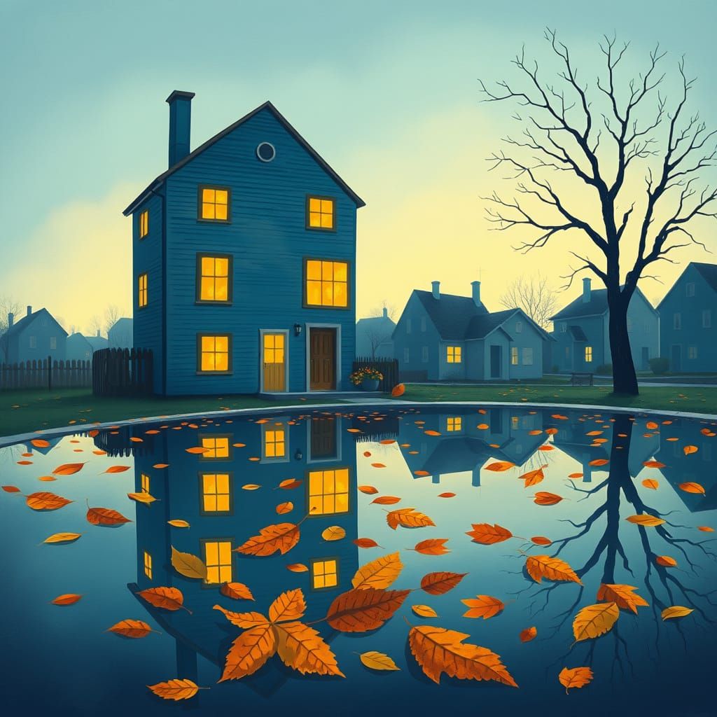 Whimsical Blue House Reflection in Autumn Pool