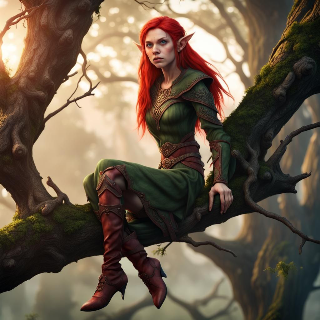 Red-Eyed Elf Perched on Branch: Fantasy Art