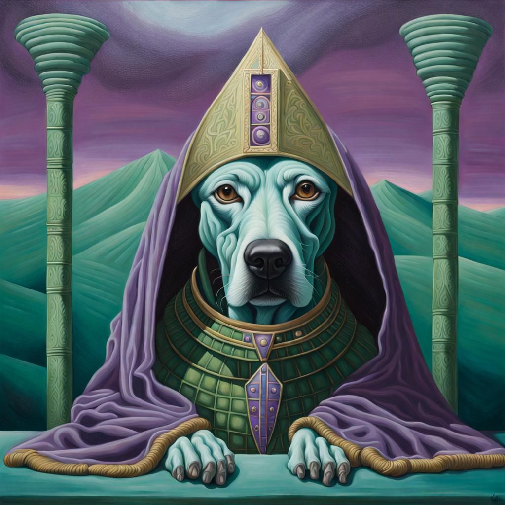 Dog as Sumerian Priest in Surreal Oil Painting