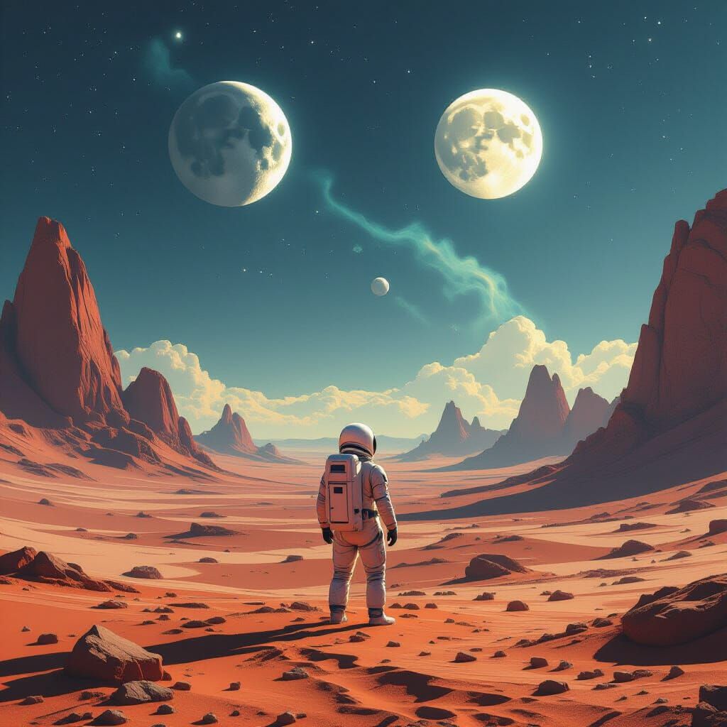 Astronaut Gazes at Alien Sky with Two Moons