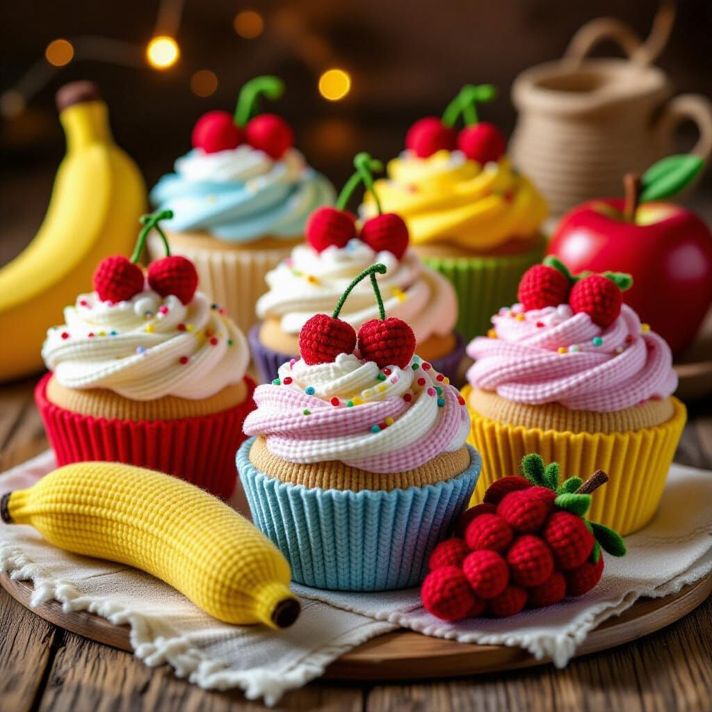 Knitted Food Art: Colorful Yarn Cupcakes and Fruits
