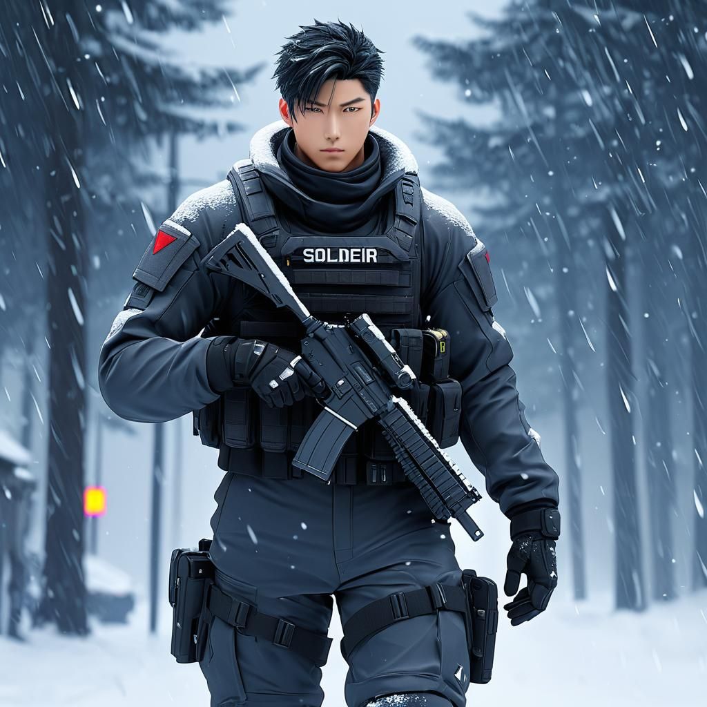 Scifi Soldier Anime Boy in a snow storm...
