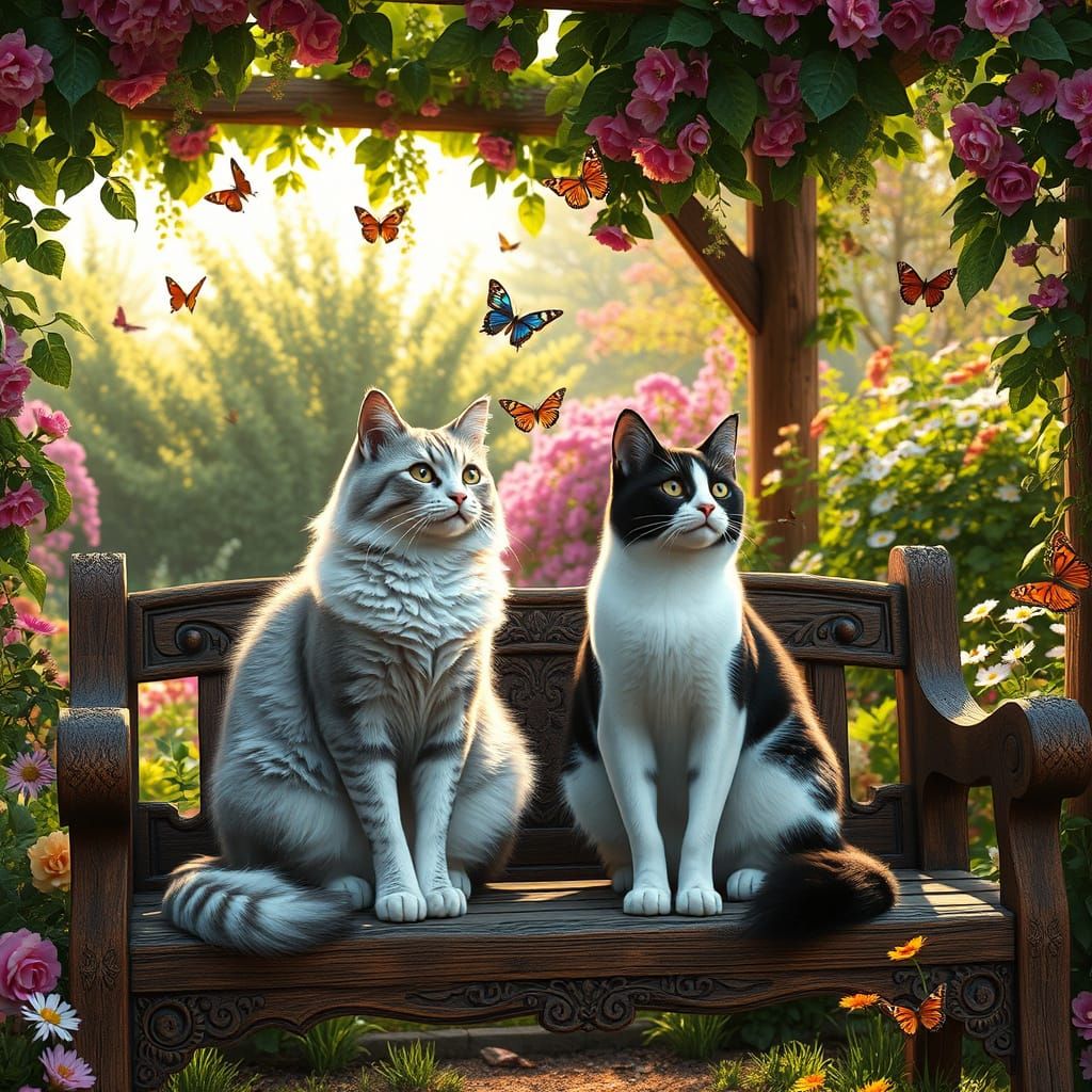 Majestic Felines in Whimsical Garden Paradise