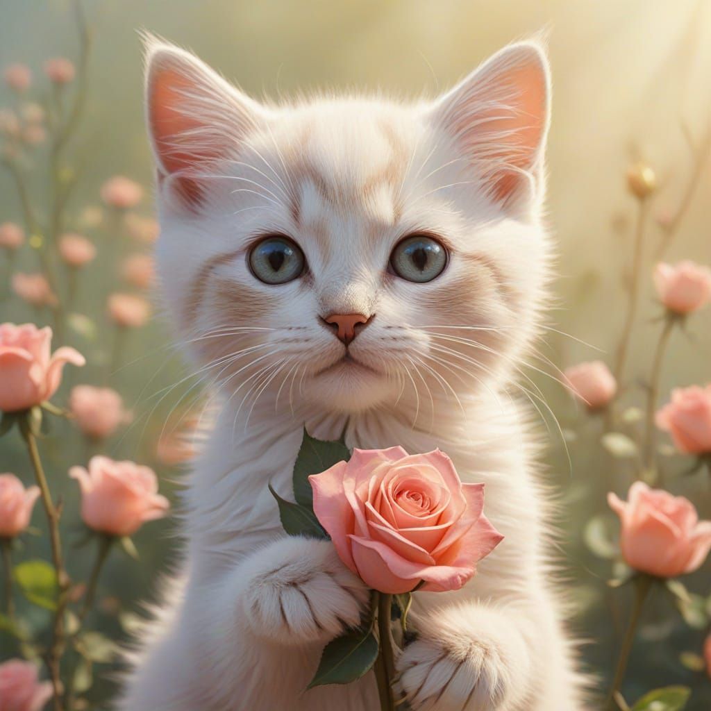 Kitten Holding a Rose in Digital Painting Style