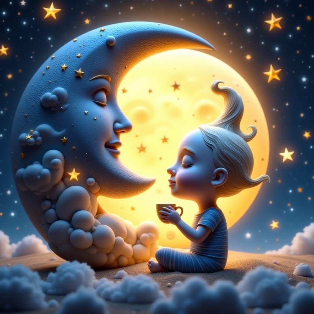 Whimsical Sun and Moon Drink Tea in Surreal Pixar Style