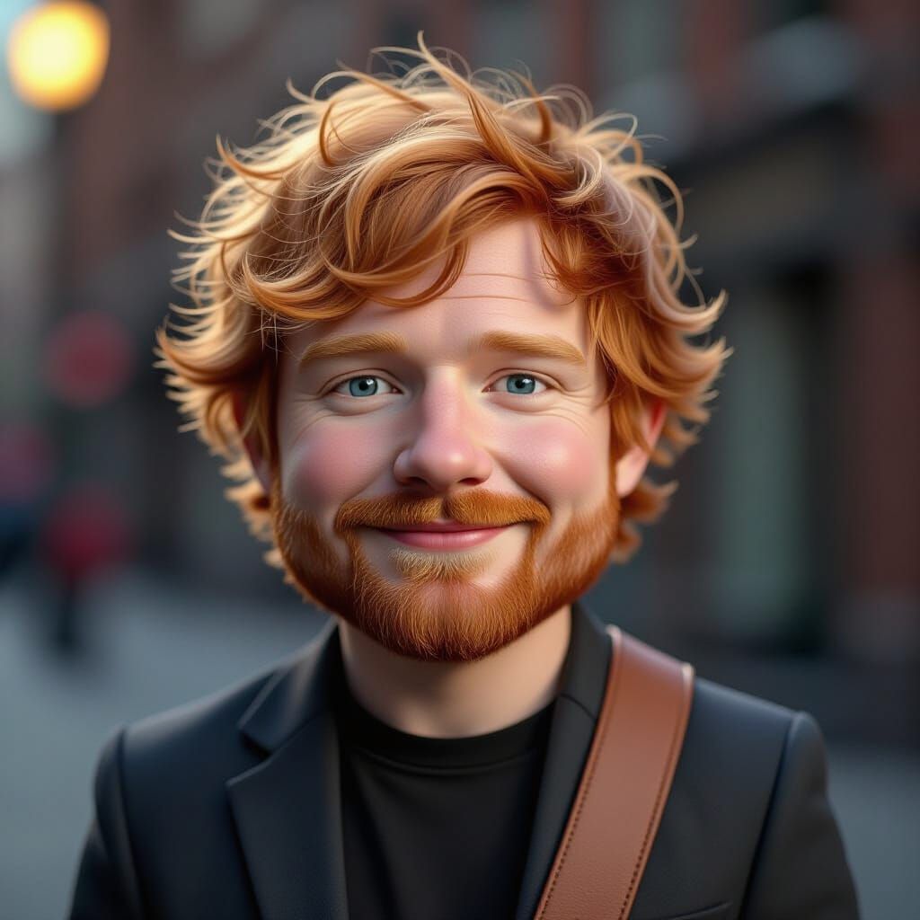 Hyperrealistic Caricature of Ed Sheeran in Moody Lighting