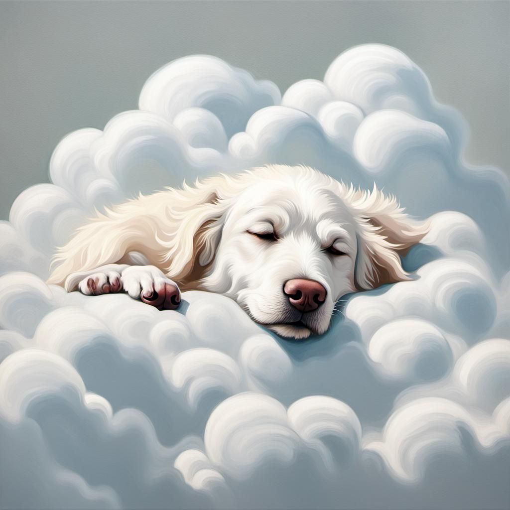 White Dog Dream on Cloud in Abstract Art