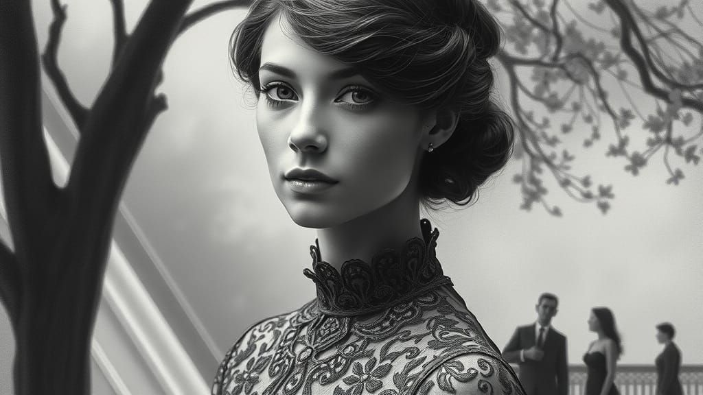 Victorian Woman in Pointillist Charcoal Drawing