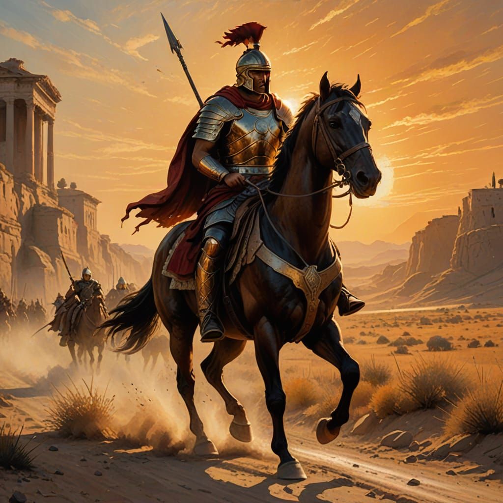 Roman Mounted Hunter on Dusty Road in Golden Hour
