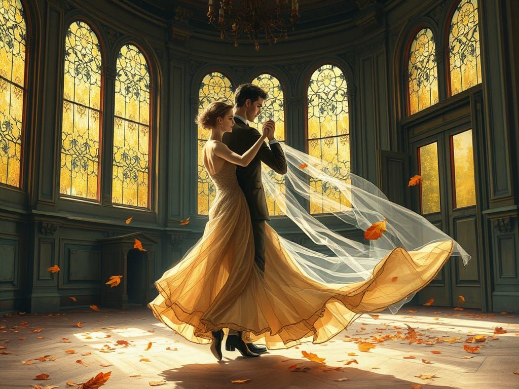 Ghosts Waltzing in Abandoned Mansion, Watercolor Style