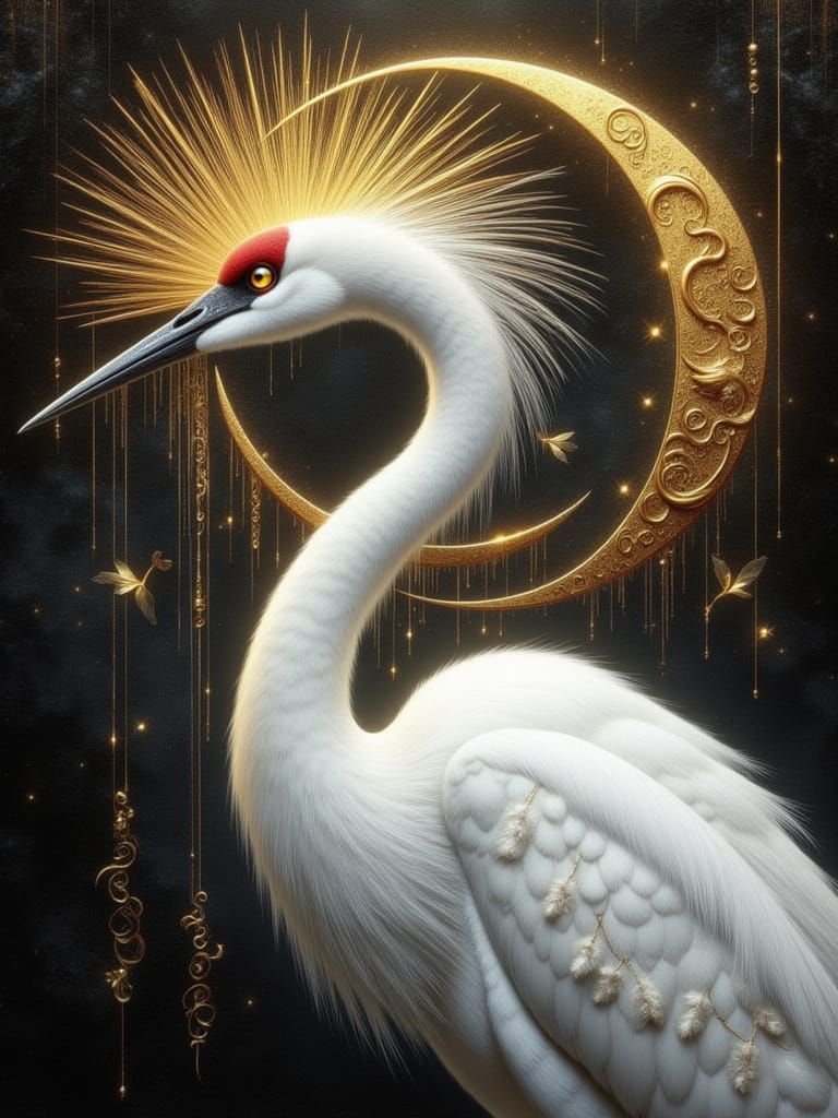 White Crane with Gold Crest Under Golden Moon
