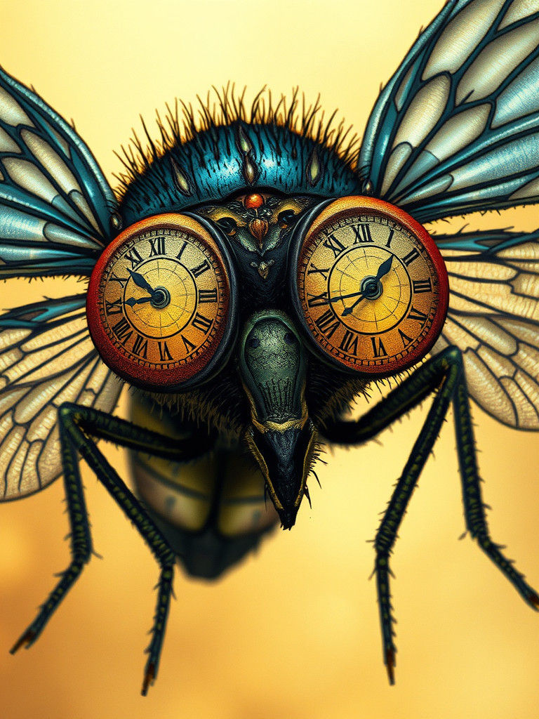 Whimsical Fly with Clock Eyes, Illustrated