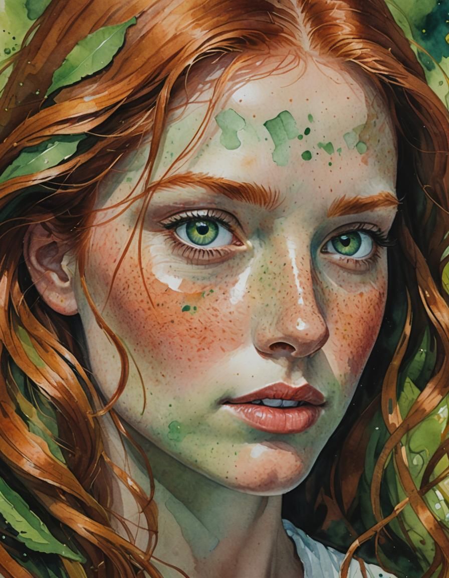Redhead Portrait in Gouache and Watercolor Style