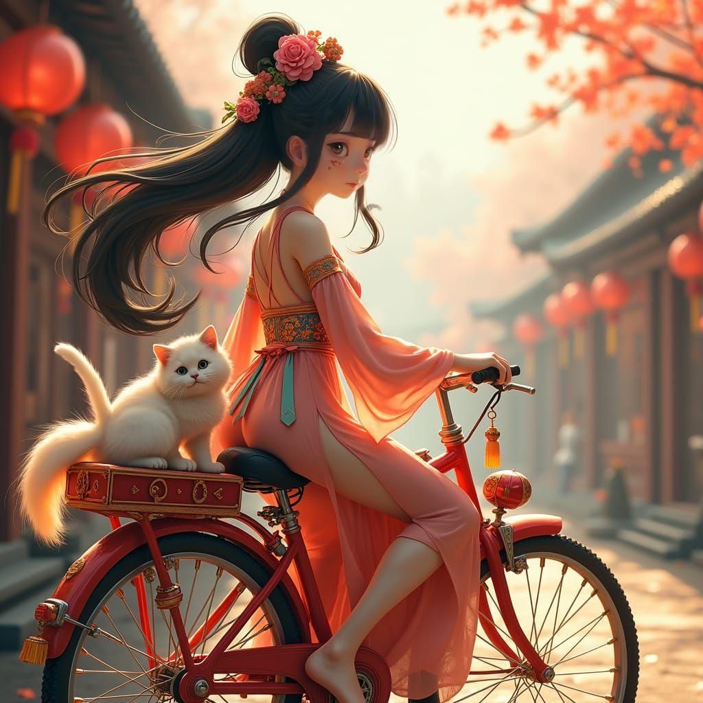 Anime Style Image of Girl Cycling with Cat
