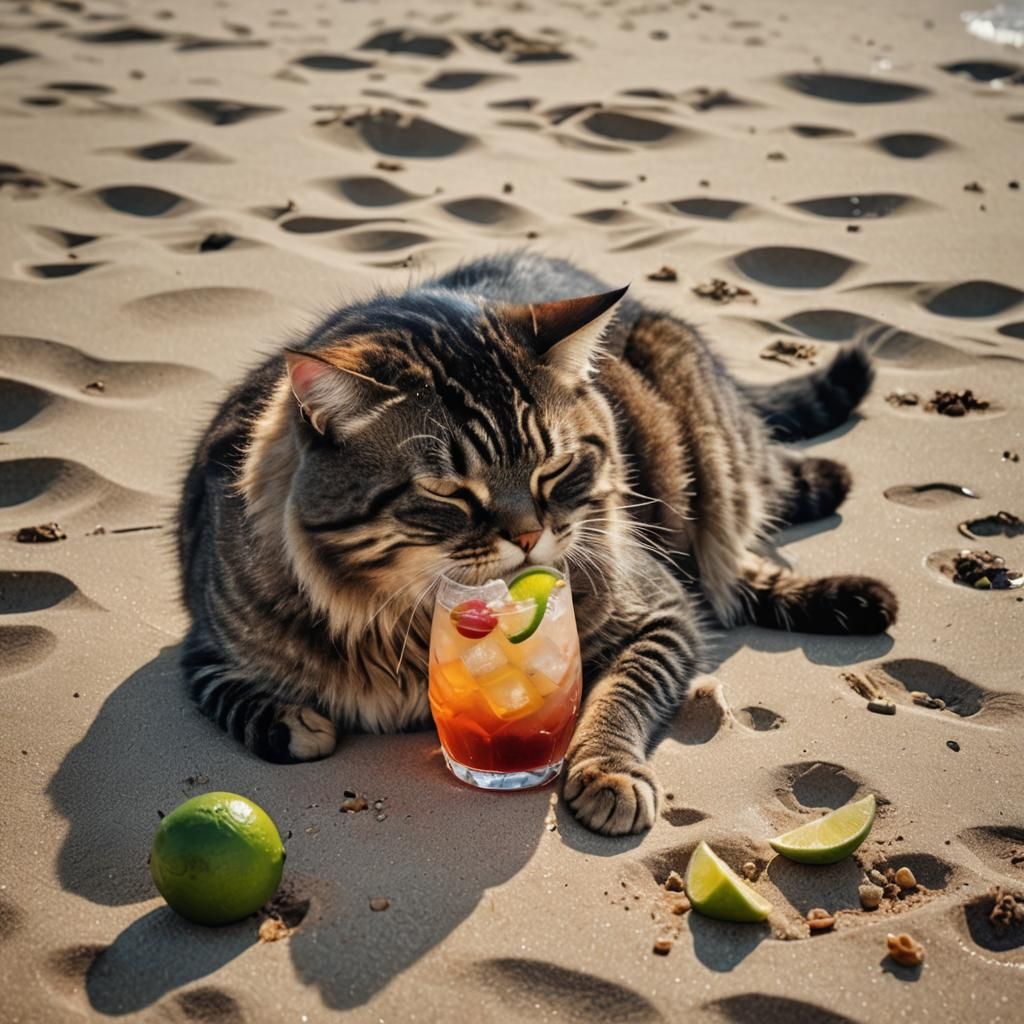 Cat Enjoying Mocktail on Beach Nap: Hyperrealistic HDR