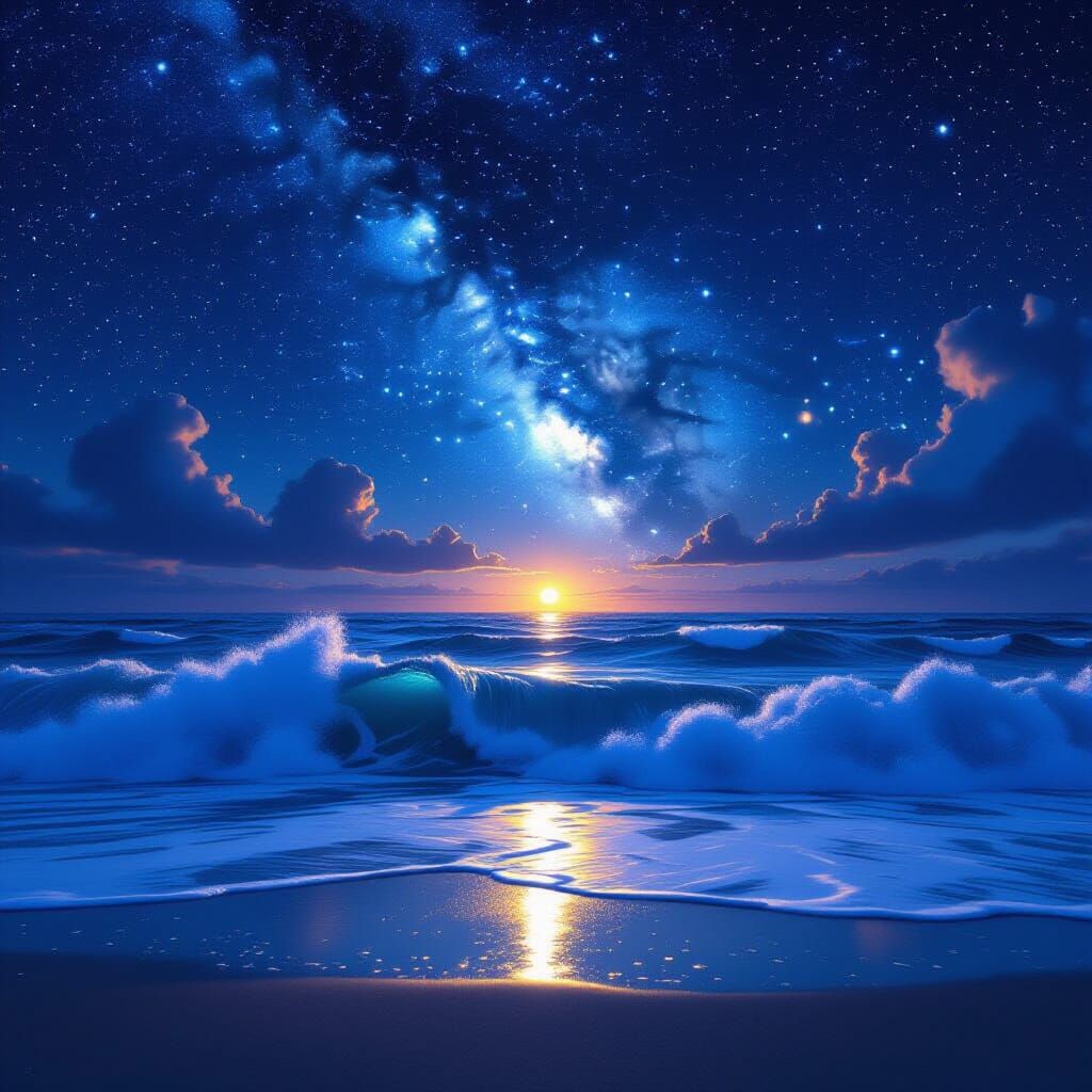 Majestic Ocean Under Starry Sky, Hyperrealism