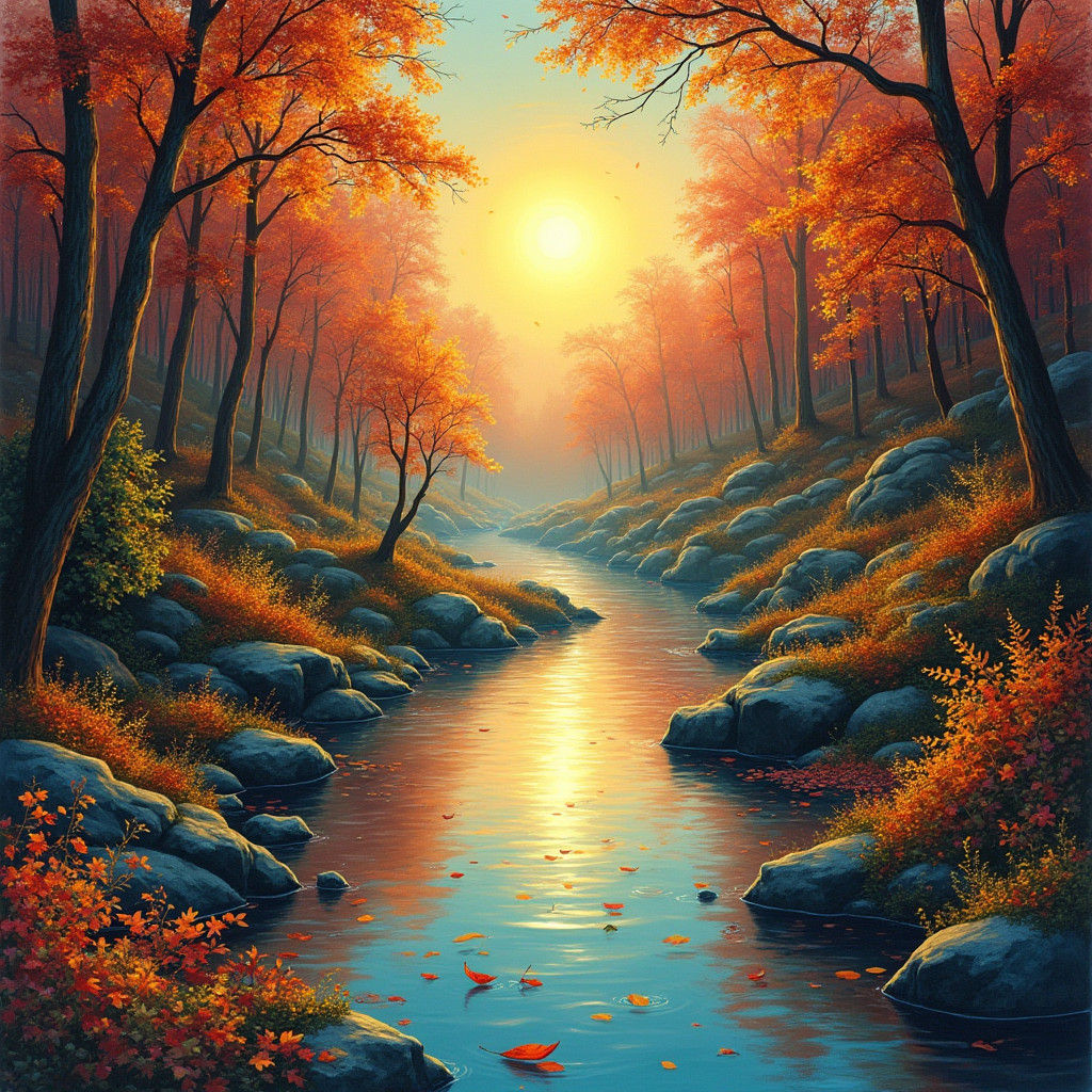 Psychedelic Autumn River Scene in Retro Colors