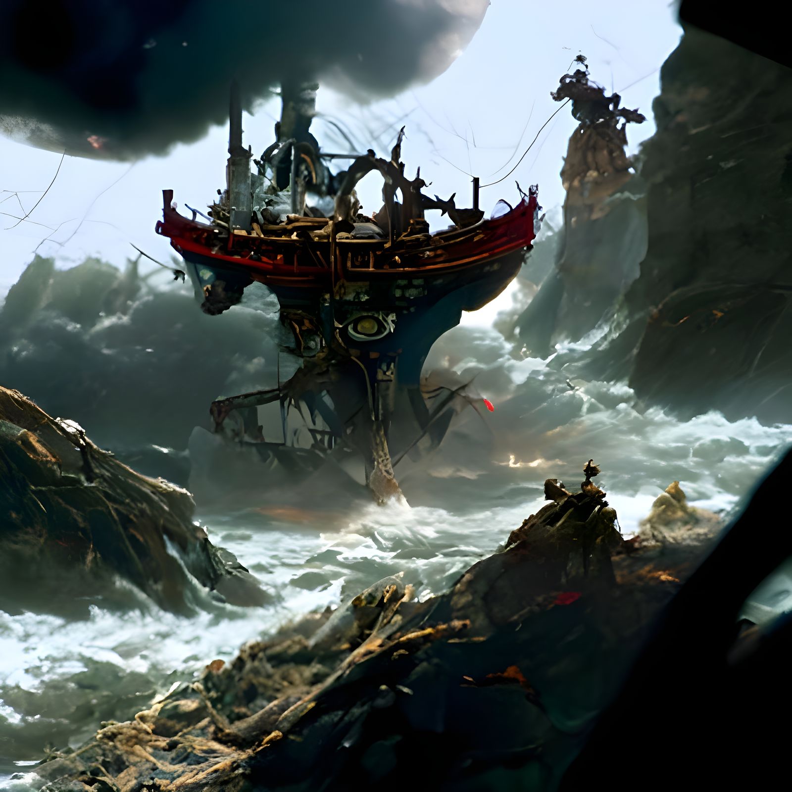 Pirate Ship on Stormy Sea in Dark Fantasy Style