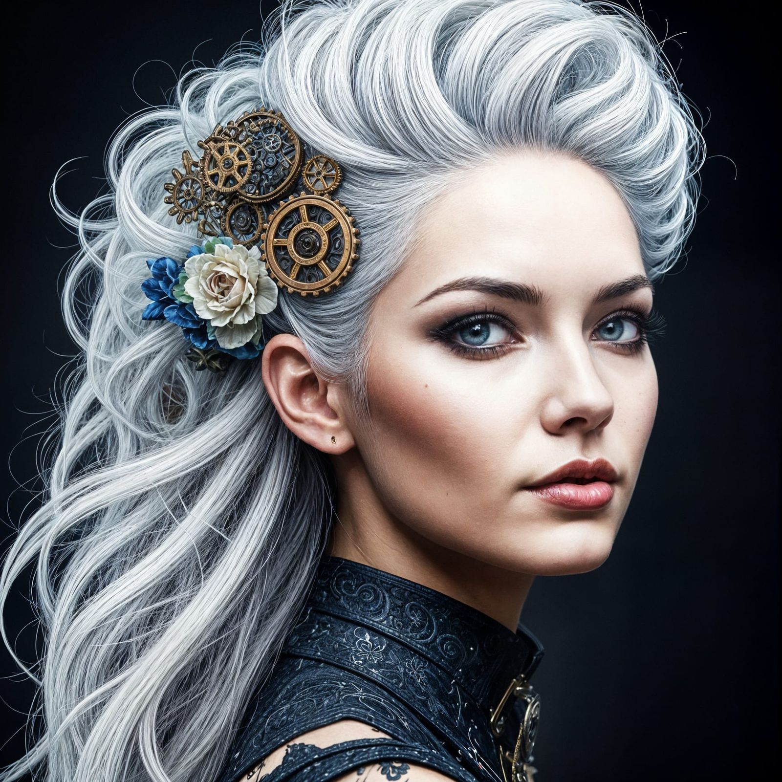 Steampunk Fantasy Woman with Intricate White Hair