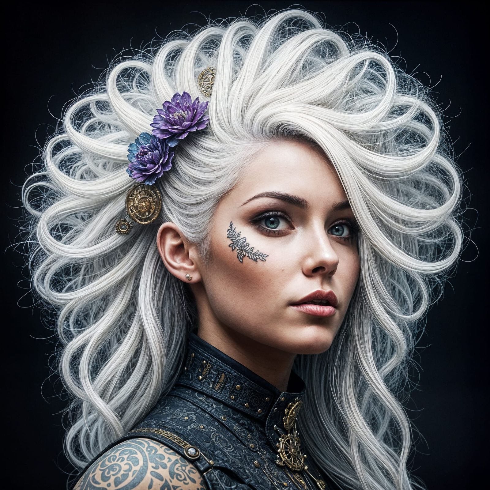 Steampunk Woman with White Hair in Graffiti Art Style