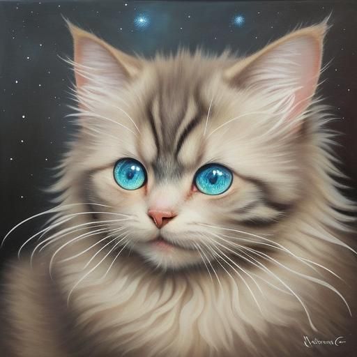 Fluffy Norwegian Cat in Detailed Gouache Painting