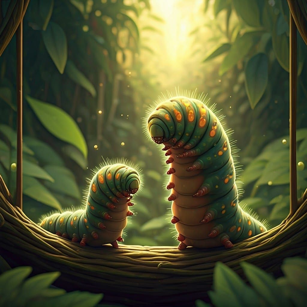 Whimsical Caterpillars in Anime Watercolor Garden