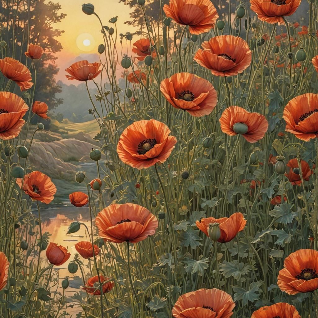 Large Poppies at Sunset in Detailed Foreshortening