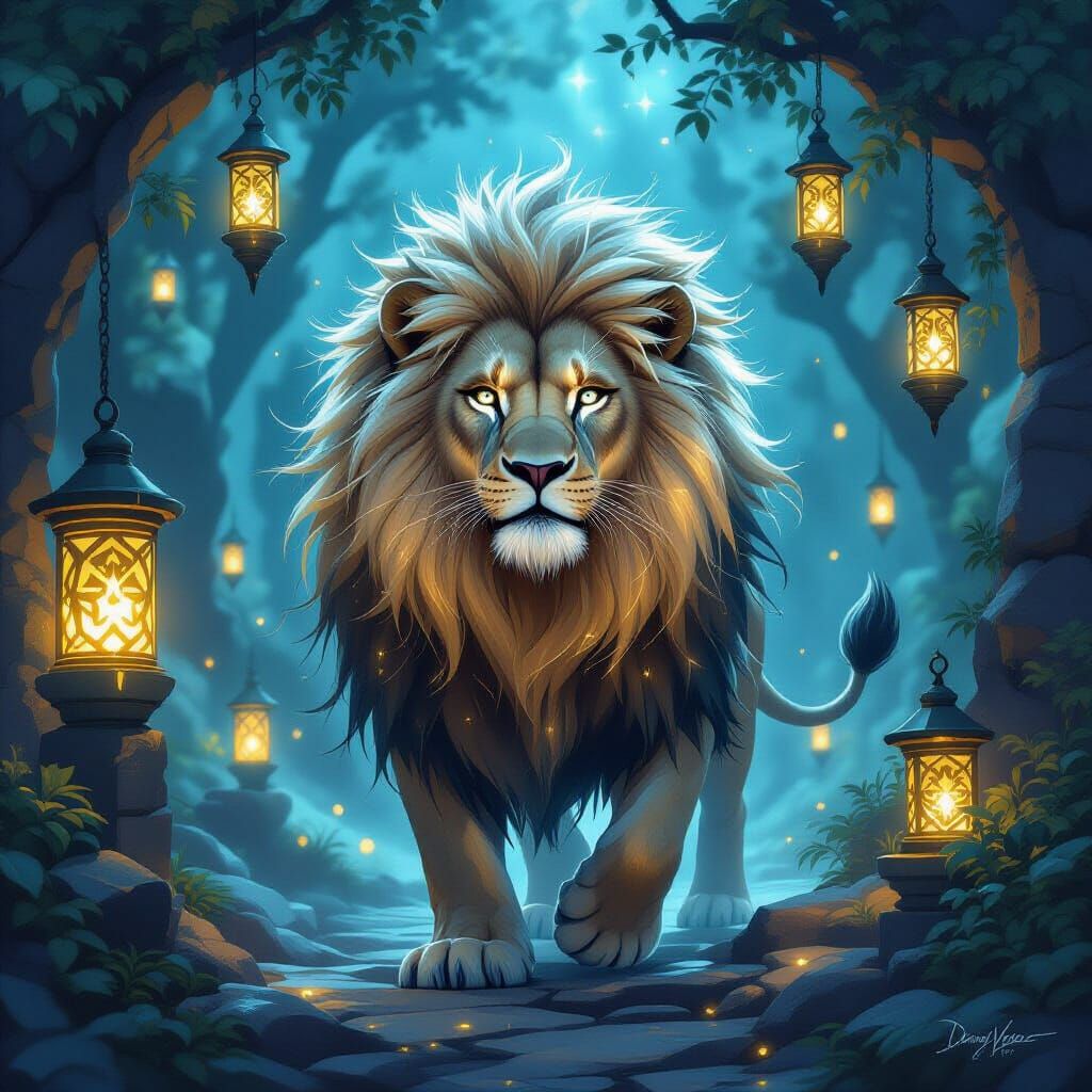 Celestial Lion in Mystical Bioluminescent Realm