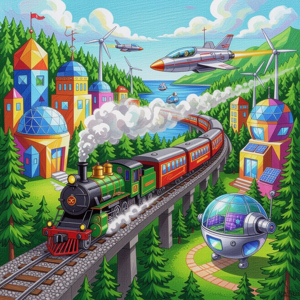 Futuristic Seaside Community in Colored Pencil Style