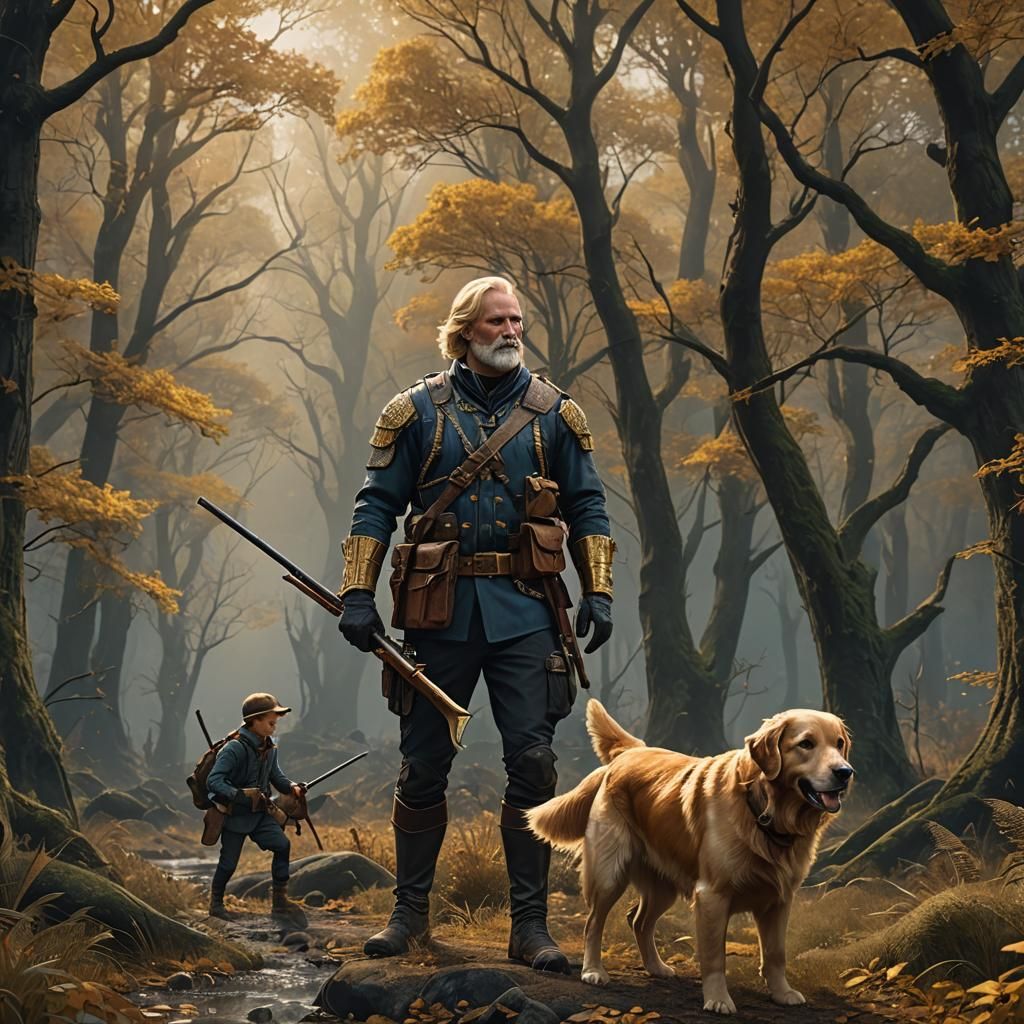 Father and Son Hunting with Golden Retriever