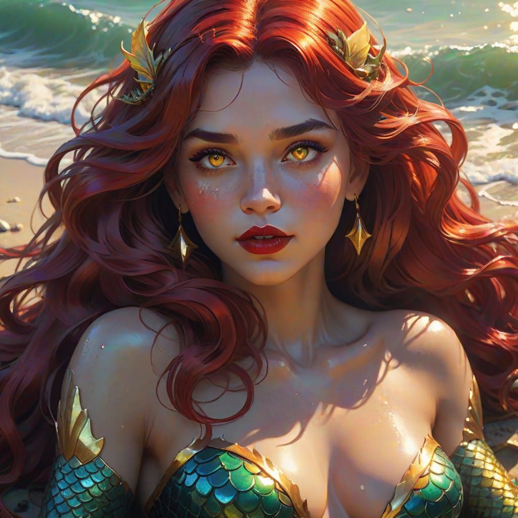 Mermaid Portrait on Beach in Splash Art Style