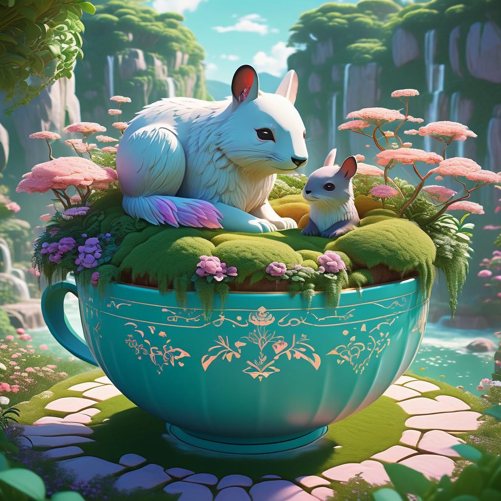 Mystical Animals on Giant Cup Island: 3D Anime Art