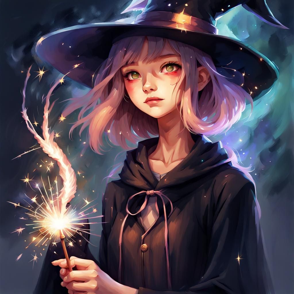 Young Witch with Sparkler in Fantasy Art Style
